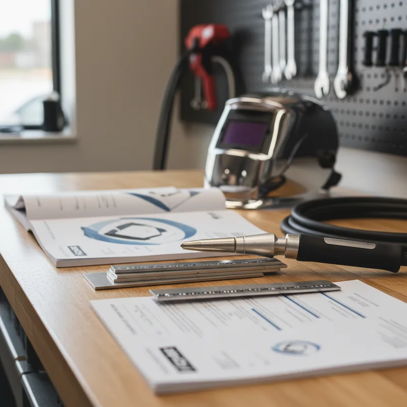 Close-up view of I-CAR certification documents and training materials displayed on a workbench alongside precision welding...