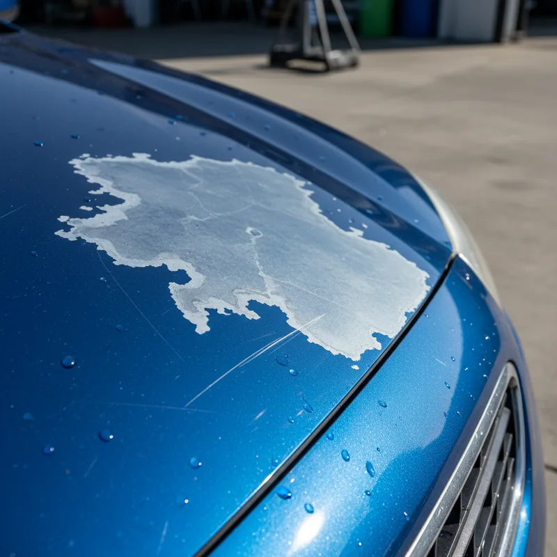 Close-up detail shot of paint imperfections on a vehicle's surface—faded spots, oxidation, or minor scratches—photographed...