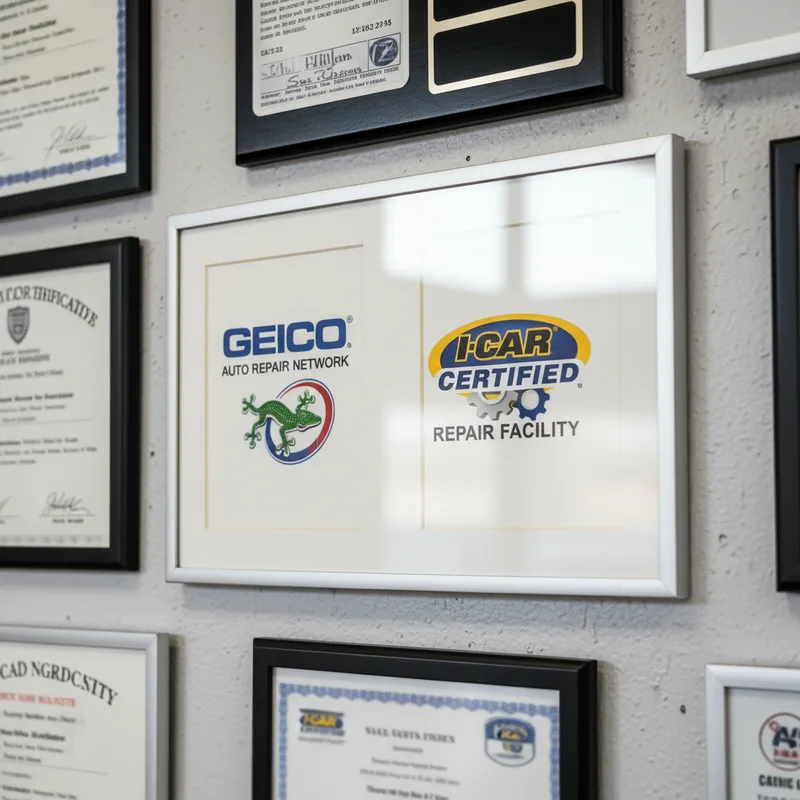 Close-up detail of certification documents and credentials displayed on a shop wall, with professional lighting highlighti...