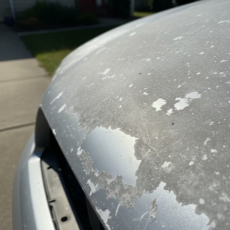 Close-up detail of a vehicle's hood showing visible paint damage including fading, oxidation, and small scratches