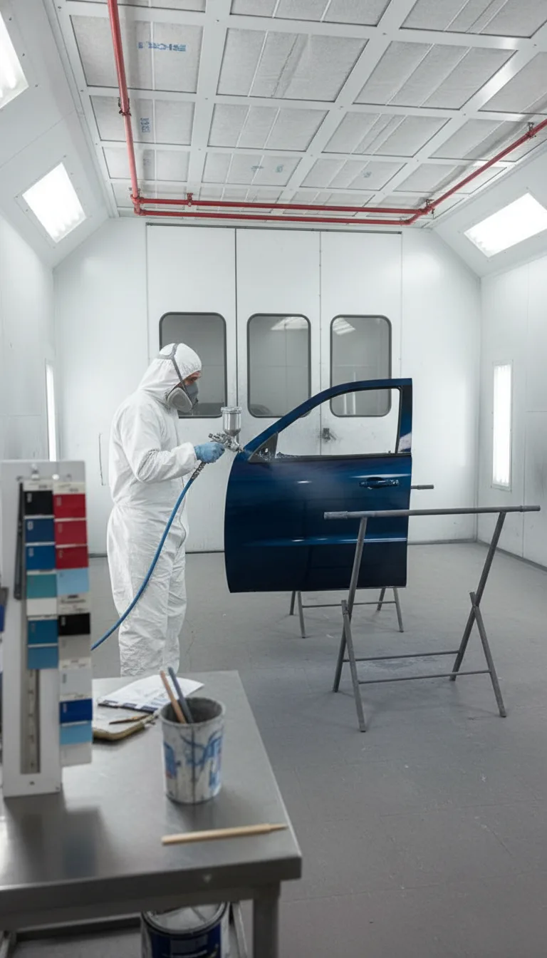 A technician spraying paint onto a vehicle panel in a professional spray booth with proper lighting and ventilation