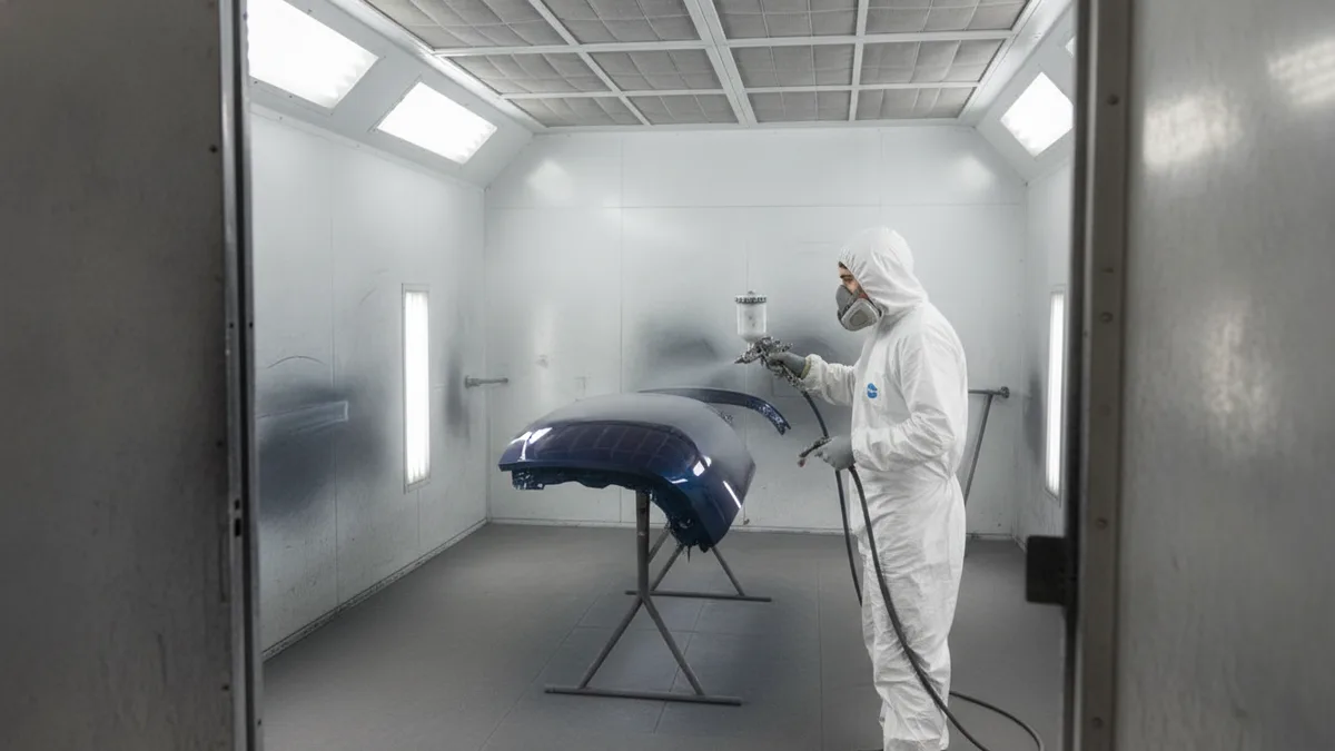 Technician spray-painting a vehicle in a professional booth with protective equipment and PPG paint systems.