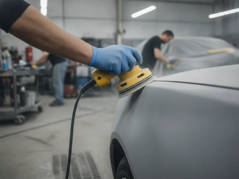 Technician sanding a vehicle panel with precision equipment to prepare surface for primer and paint application.