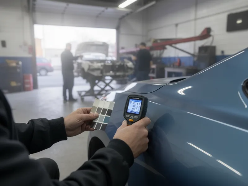 Technician using spectrophotometer to match vehicle paint color for precision finishing in body repair shop.