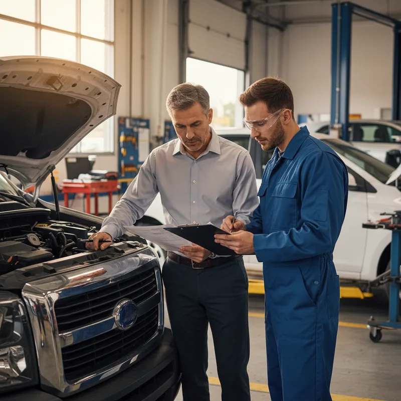 A fleet manager or small business owner reviewing vehicle damage with a technician in a repair bay, both looking at writte...