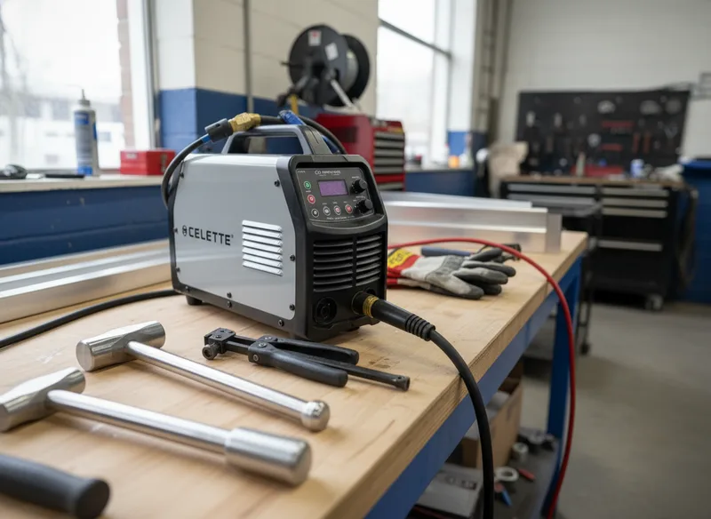 Close-up detail of aluminum welding equipment setup with precision tools, showing the specialized nature of modern aluminu...