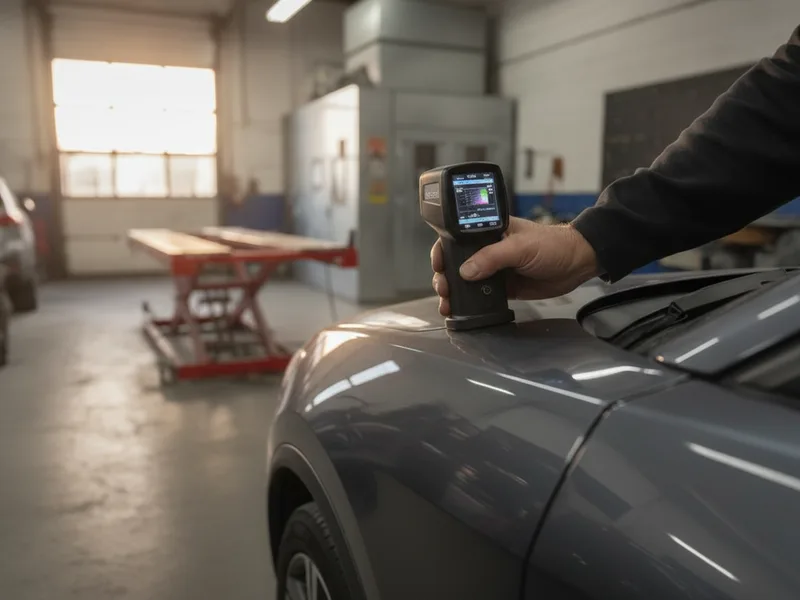 Technician using a spectrophotometer to measure vehicle paint color for precise matching.