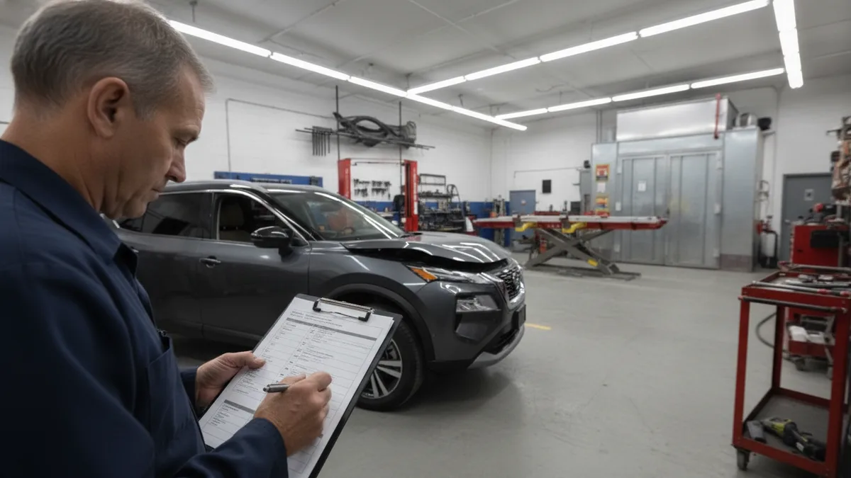 Certified auto body technician with clipboard assessing vehicle damage in a professional repair shop.