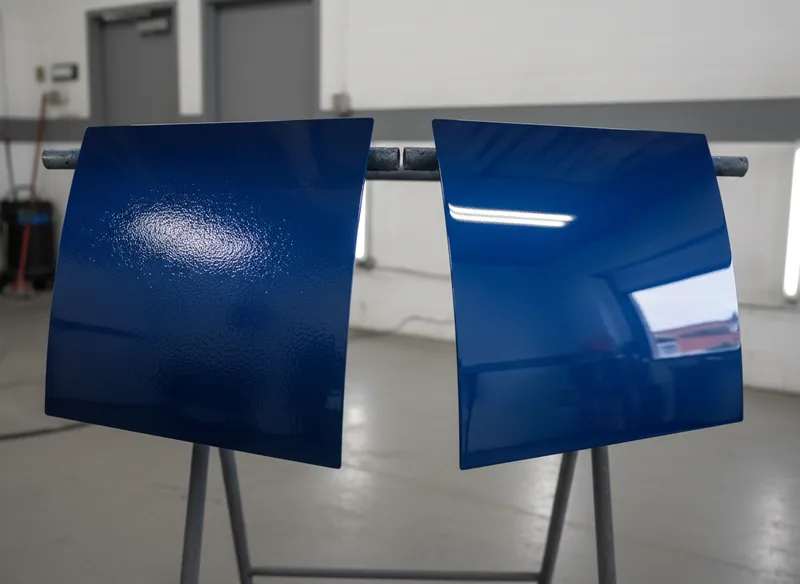 Side-by-side comparison of two vehicle panels: one with flawed amateur paint application showing orange peel texture and u...