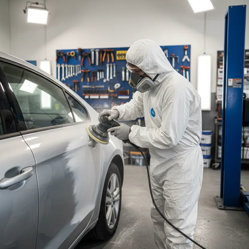 Technician in protective gear performing surface preparation on a vehicle panel with sanding equipment, dust particles vis...