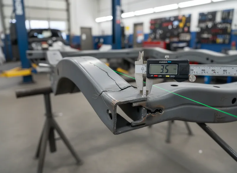 Close-up detail of a vehicle's frame cross-section showing stress cracks and misalignment points, with measurement tools p...