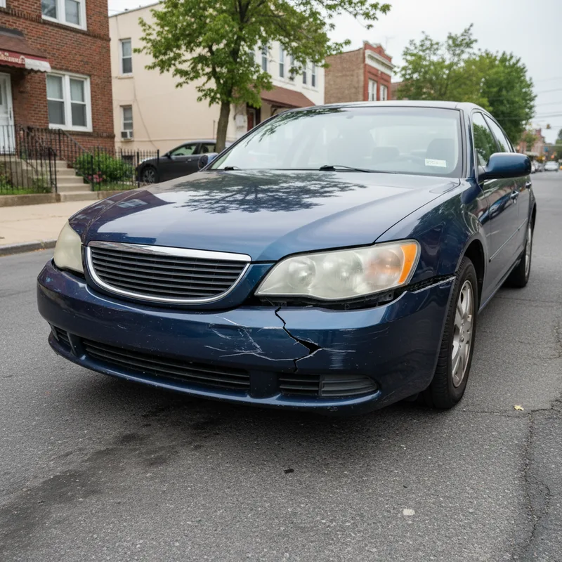 A vehicle parked in an urban Ozone Park street setting with visible bumper damage including cracks and dents, natural dayl...