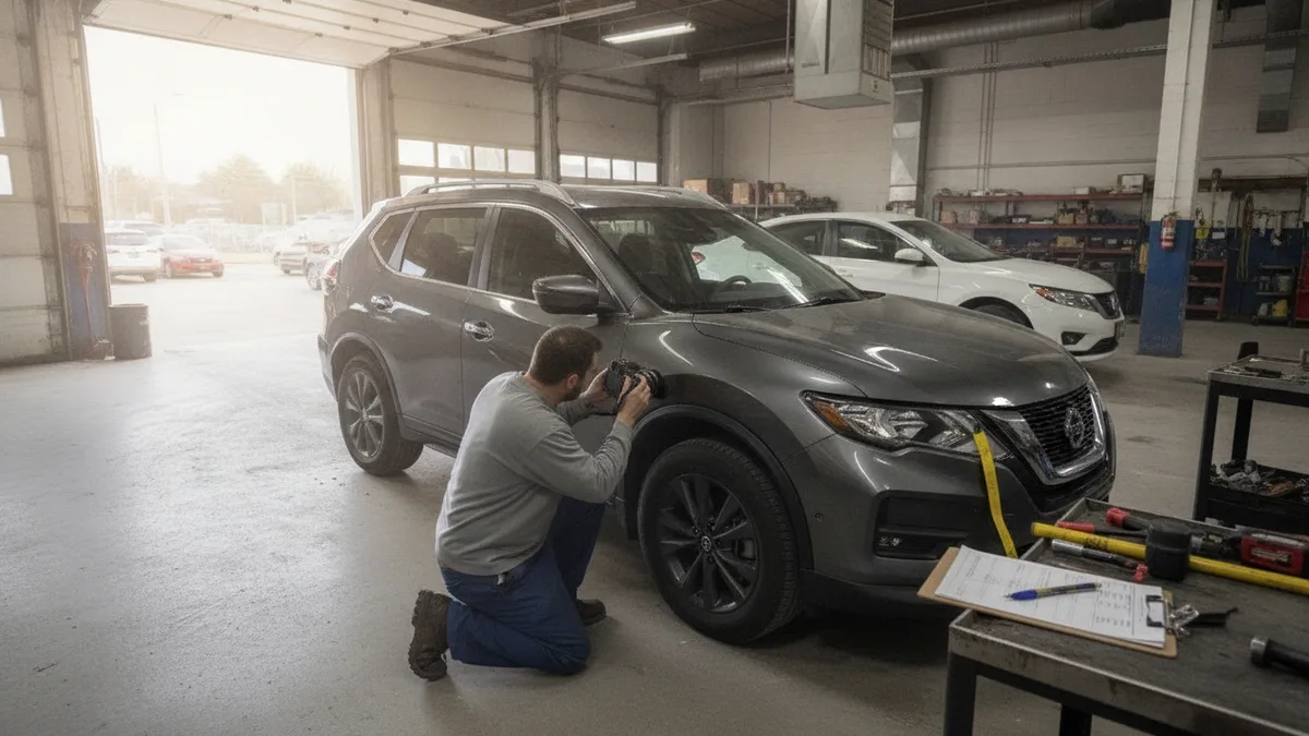 A technician documents vehicle damage during an insurance claim assessment at an auto body repair shop.
