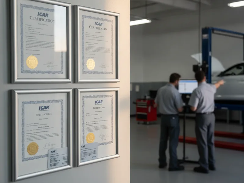Certification documents and credentials displayed in a professional auto body shop office.