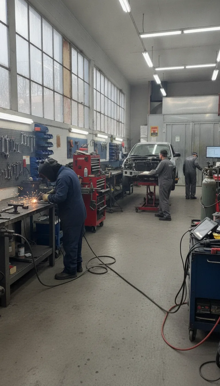 Wide-angle view of a professional auto body shop interior, showing welding stations, modern diagnostic equipment, and orga...