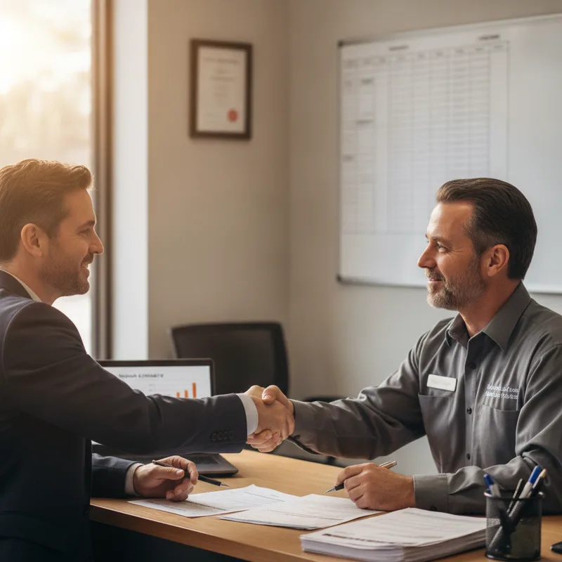 A hands-on moment showing a customer shaking hands with an auto body shop manager in the office area of a repair facility