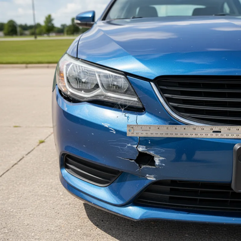 Close-up overhead view of a damaged vehicle's front bumper and hood with visible creasing and paint chips, photographed in...