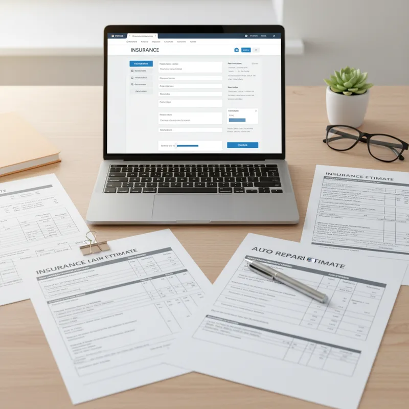 Paperwork and documents spreading across a desk with insurance forms, repair estimates, and a laptop showing an insurance ...