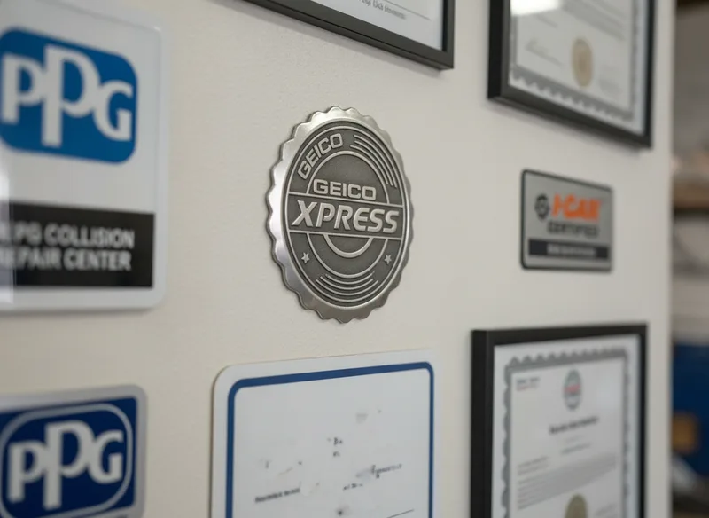 Close-up of certification documents and seals displayed on a shop wall, with professional lighting highlighting the offici...