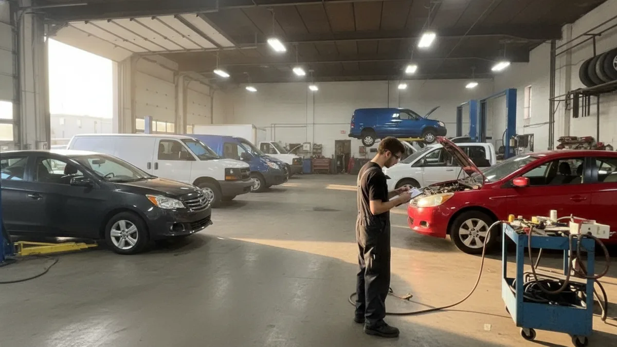 Commercial vehicles in a professional auto body repair facility with technicians assessing damage and managing fleet repairs.