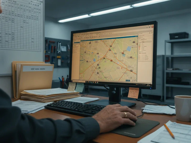 Fleet manager reviewing vehicle schedules and work orders in a dispatch office.