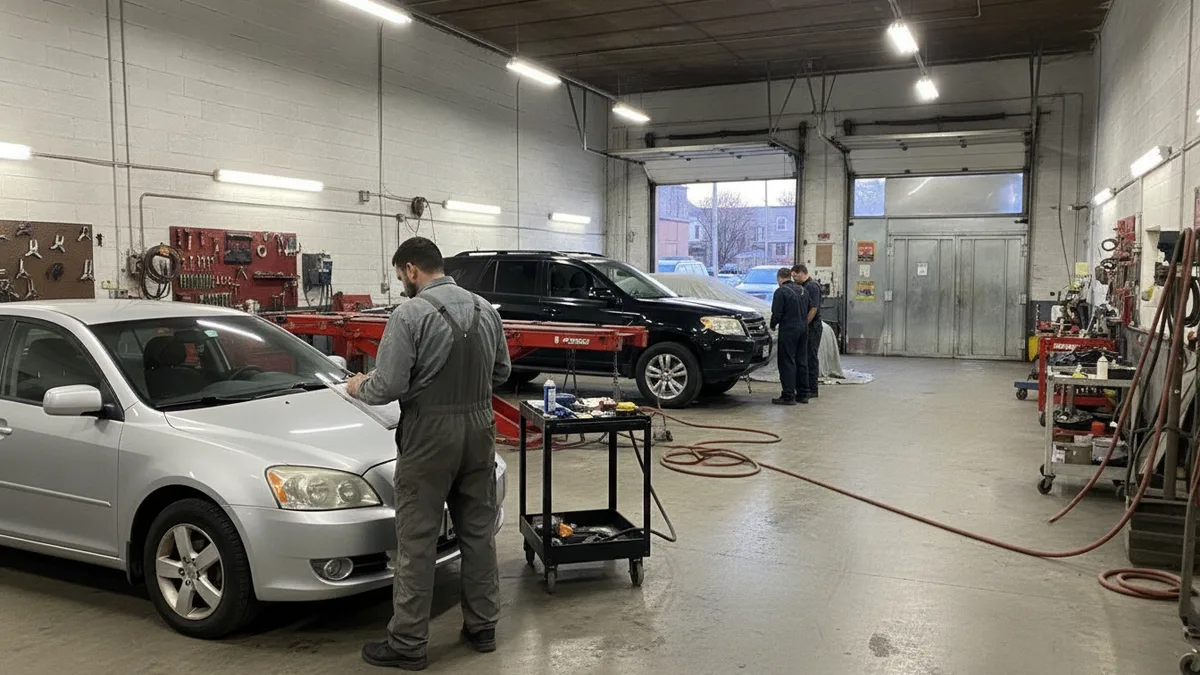 Technicians inspecting vehicle damage in a professional auto body repair shop with multiple work bays.