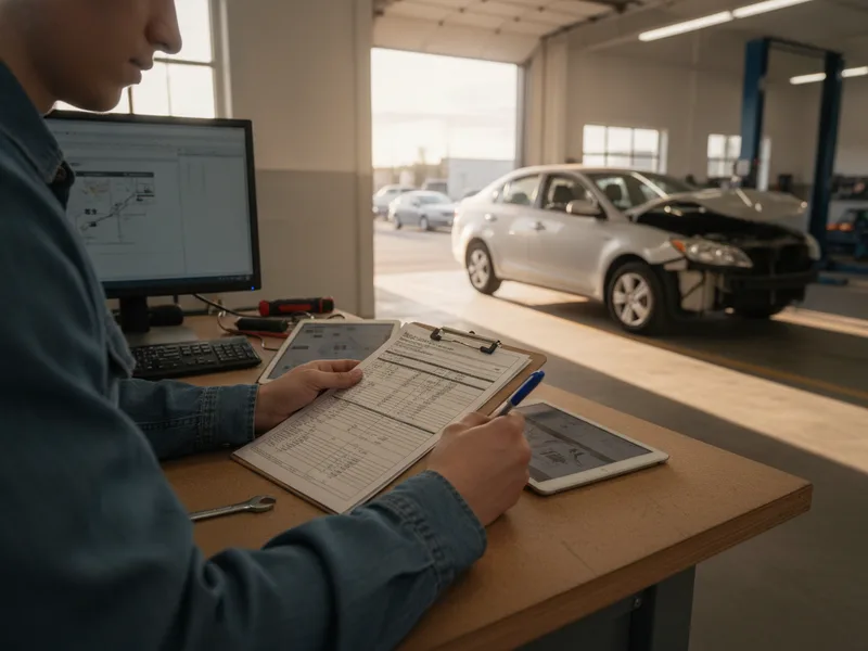 Technician documenting repair details on a written estimate form in an auto body shop.