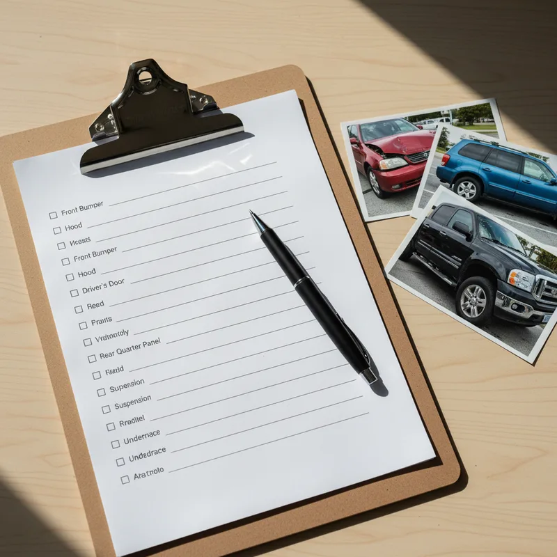 Close-up overhead shot of a damage assessment checklist and pen on a clipboard next to photographs of vehicle collision da...