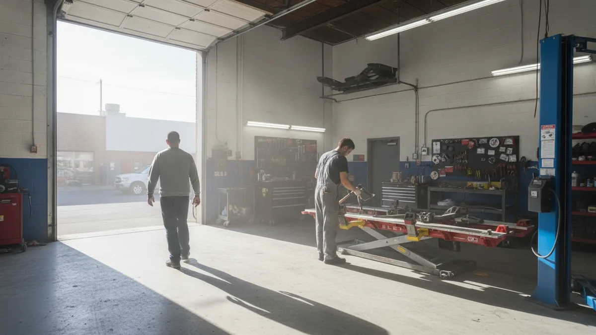 Interior of a professional auto body shop in Queens with technician at work and modern repair equipment visible.
