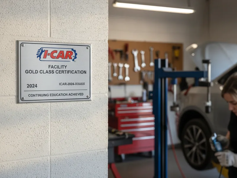 I-CAR certification credential displayed in a professional auto body shop setting.