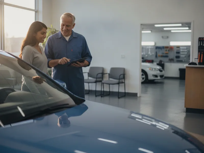 Customer and technician reviewing a completed auto body repair at a Queens collision center.