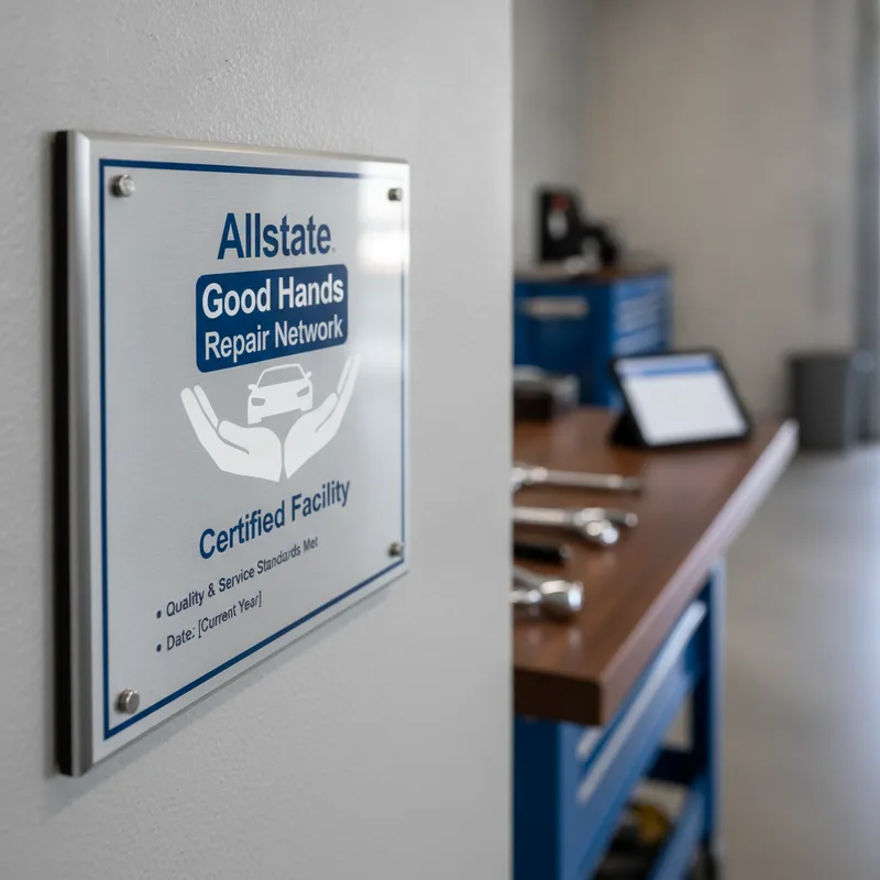 Close-up of official Allstate Good Hands repair certification displayed on a shop wall or desk, with a professional settin...