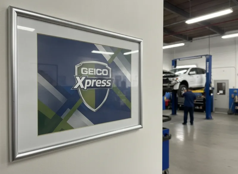 Close-up of Geico Xpress certification document or badge displayed in a professional auto repair shop setting, with techni...