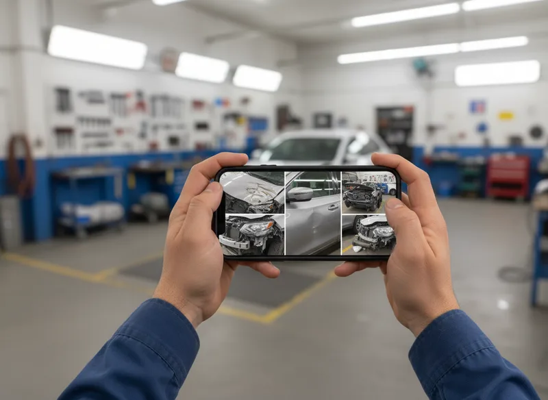A smartphone displaying photos of vehicle damage from a collision, being held by someone at a repair facility