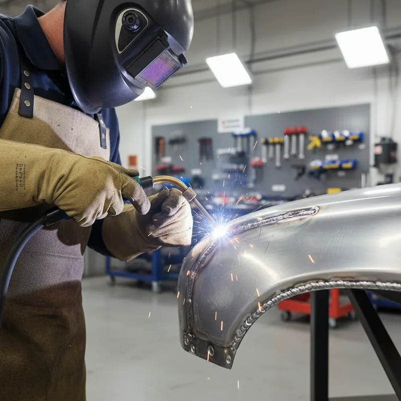 A technician using specialized welding equipment on an aluminum fender in a well-lit repair bay, showing precision work wi...