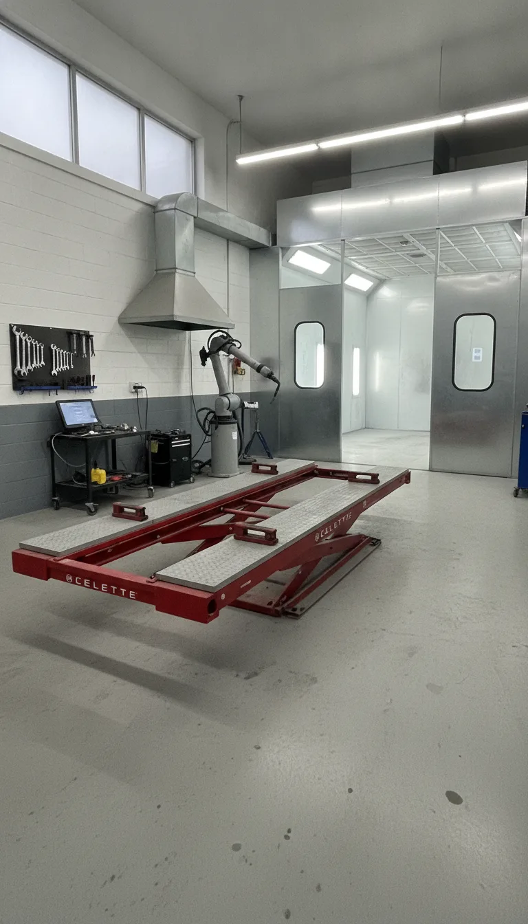 Close-up of advanced auto repair equipment including spray booths, frame alignment machinery, and welding stations
