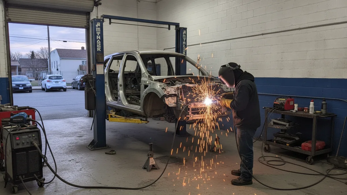 Certified technician performing aluminum welding on a vehicle frame in a professional auto body repair shop.