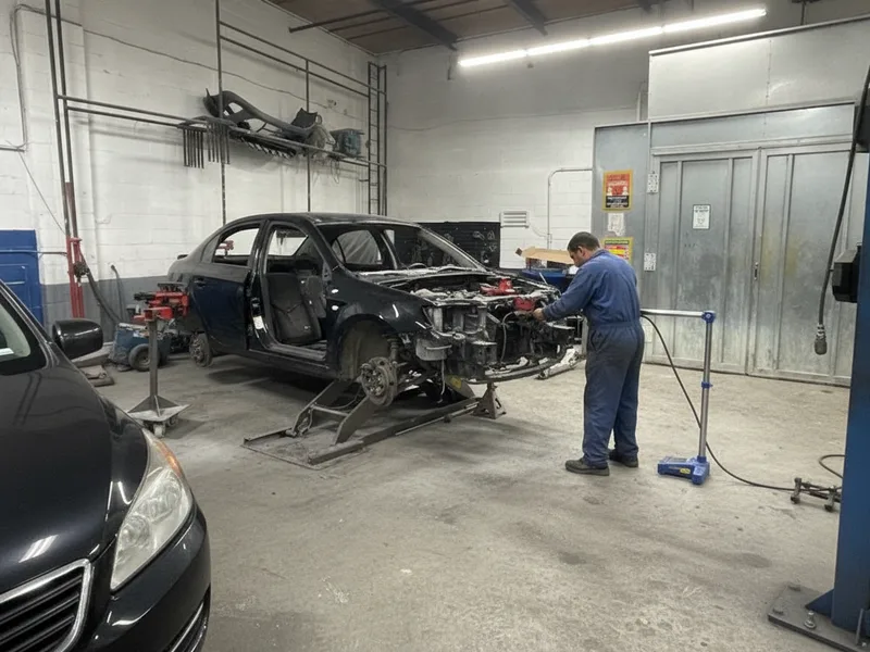 Technician operating frame straightening equipment on a vehicle chassis in an auto body repair facility.