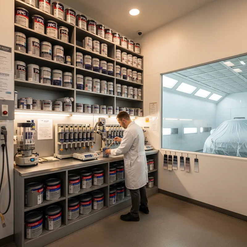 PPG paint mixing equipment and spray booth interior with technician preparing custom paint formulation