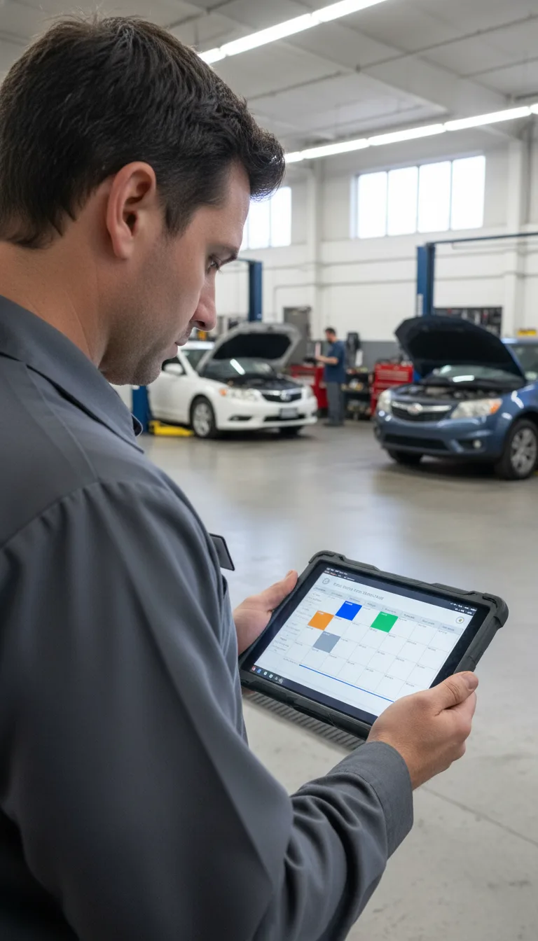 Close-up of a professional technician reviewing a digital work order or tablet with a schedule view displayed, showing mul...