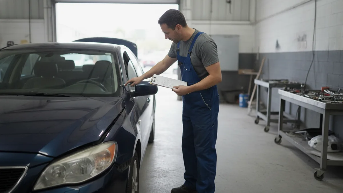 Certified technician examining collision damage on a vehicle during damage assessment at an auto body shop.