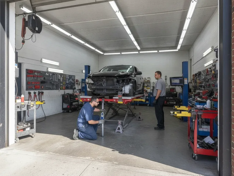 Technician using precision measuring tools to assess frame damage and alignment during vehicle inspection.