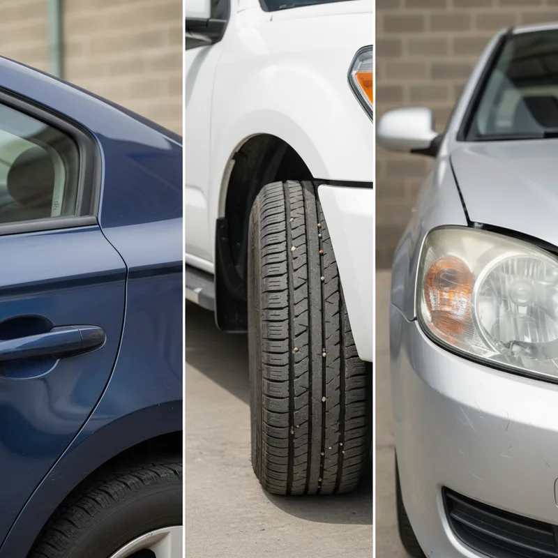Close-up detail shots of vehicle damage indicators: misaligned doors, uneven tire wear, and hood gaps; daylight illuminati...