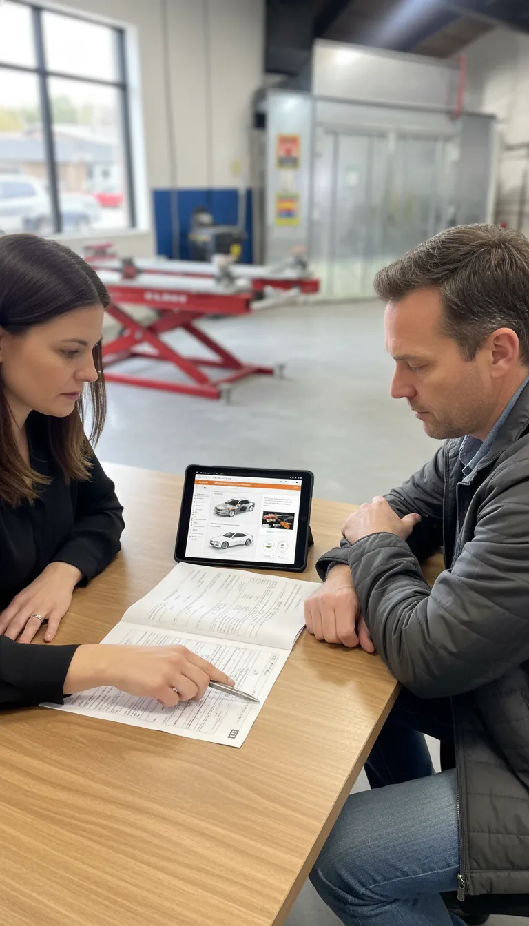 A claims representative and vehicle owner reviewing a written estimate together at a desk in a body shop office, with visi...