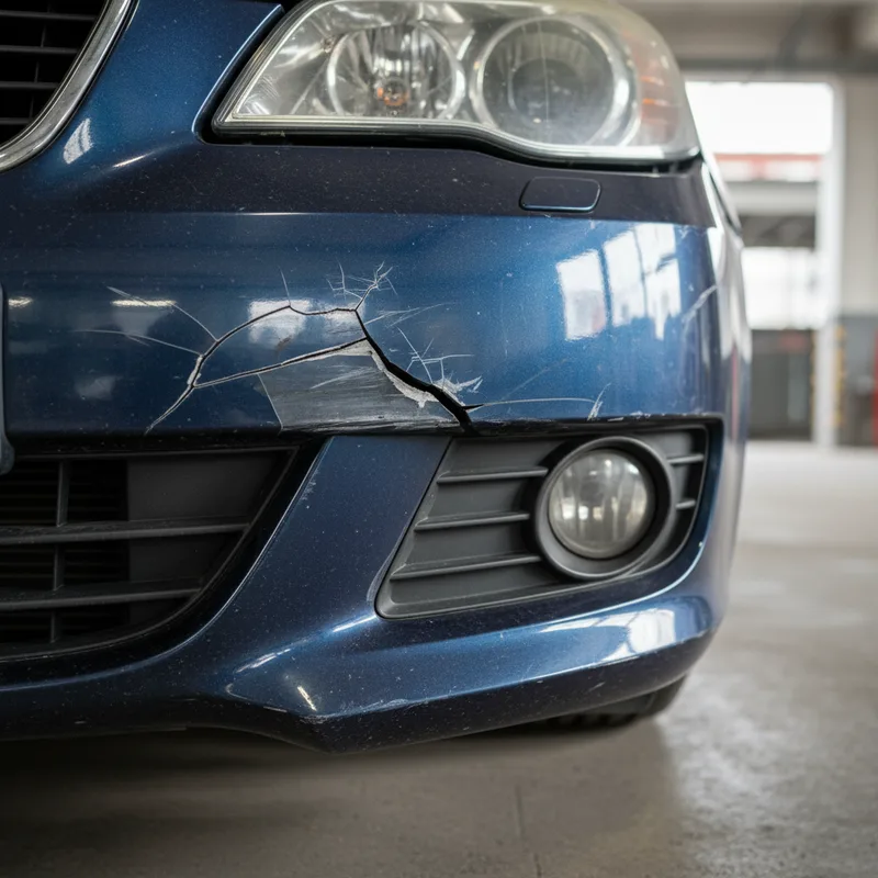 Close-up detail view of a damaged front bumper showing both cosmetic cracks and structural misalignment on a parked vehicle