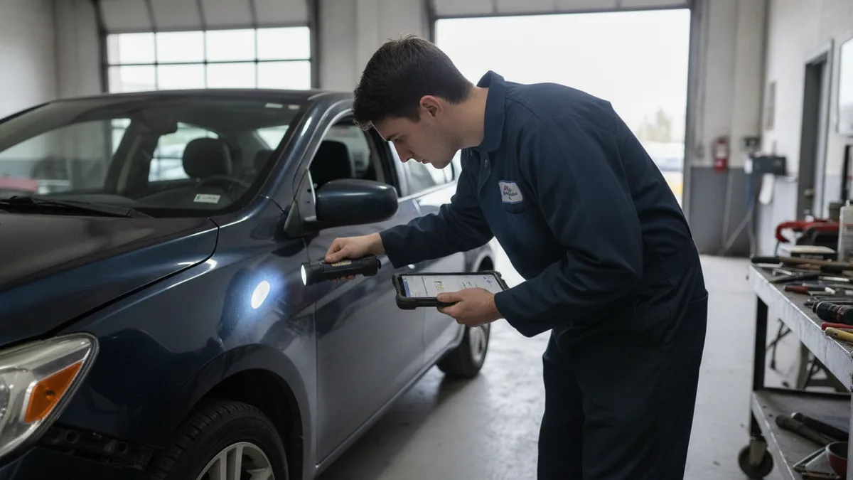 Auto body technician inspecting vehicle damage with assessment tools and tablet in a professional collision repair shop.