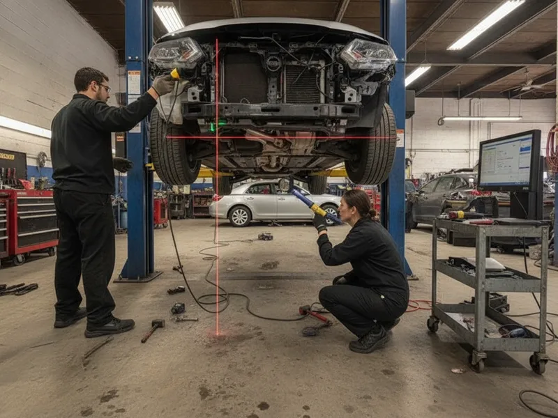 Technician using frame measuring equipment to assess structural alignment of a damaged vehicle on a lift.