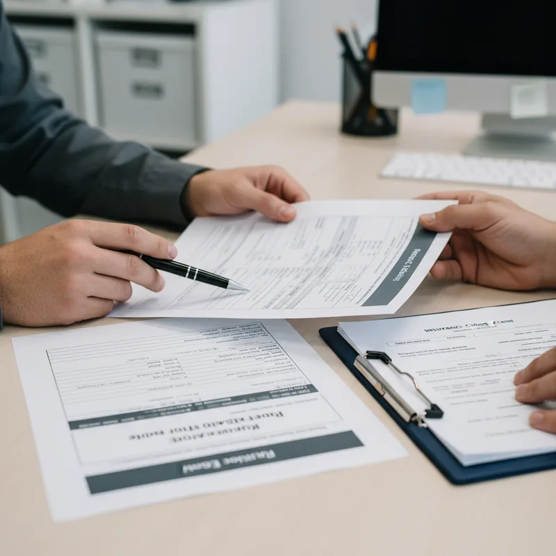 Close-up of hands reviewing a written auto repair estimate and insurance claim paperwork on a desk, soft studio lighting, ...