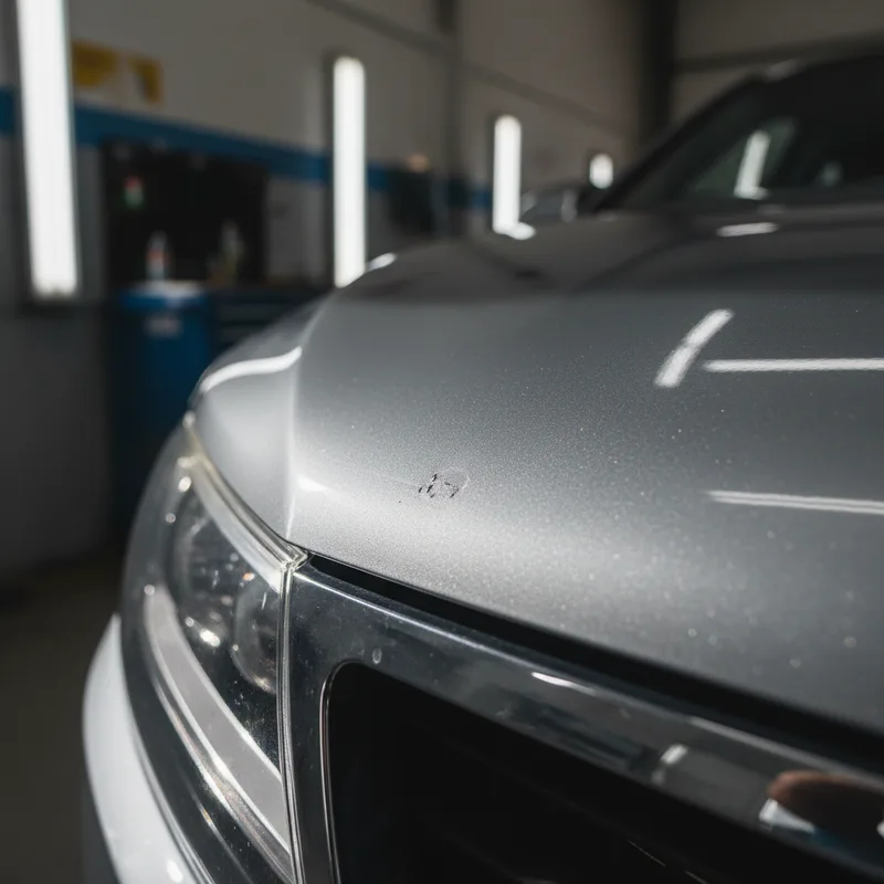 Close-up detail shot of a paint defect (clear coat imperfection, dust particle, or improper blend line) on a vehicle panel...