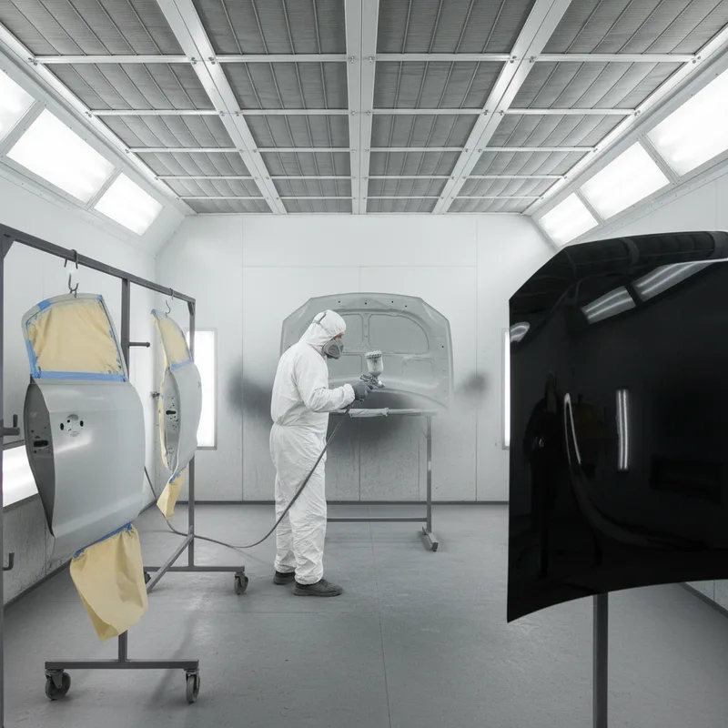A sequence of work stages in a professional spray booth environment: masked vehicle panels on the left, a technician apply...